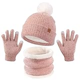 OZERO Warm Wintermütze und Handschuhe Schal Set, Beanie Mütze Winterhandschuhe Fleecefutter Jungen/Mädchen (Rosa, Kind)