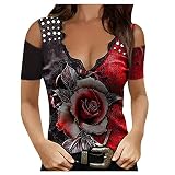 Masrin Damen T-Shirt Lässige Tops mit bunten Blumen und Schmetterlingen Butterfly Sommer Tiefer V-Ausschnitt Schulterfrei Kurzarm Tunika Schmale Hemdb