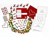 Loveria Weihnachtskarten Bastelset | 16 vorgezeichnete Postkarten, 16 rote Umschläge, inkl Satinschleife, Sticker, Konfetti, Glöckchen und weiterem Bastelzubehör, Merry C