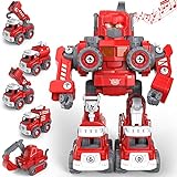 TOYABI Feuerwehrauto, DIY 5 in 1 Auto Spielzeug mit Lichtern und Tönen, STEM Roboter Baukasten Konstruktionsspielzeug für 3 4 5 6 7 8 Jahren Jung