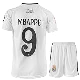 KISRAS R. Madrid Mbappe #9 Heim 2024/2025 Fußball Kinder Trikot Shorts Geschenk Set Jugendgrößen (Weiß,128)