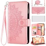 Asuwish Handyhülle für Oppo Find X2 Pro Hülle mit Band und Folie Schutzfolie Kartenfach Klappbar Leder Blumen Geldbörse Ständer X2Pro Reißverschluss Handyhüllen Schutzhülle Phone Case Roseg