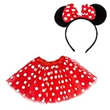 Oblique Unique® Damen Maus Mouse Kostüm Rot Weiß Schwarz mit Tutu Gepunktet + Haarreifen mit Maus Ohren und Schleife für Fasching Karneval Motto Party