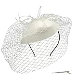 Umeepar Damen Pillbox Fascinator Hut Hochzeit Tea Party Hüte mit Federn Schleier Stirnband Clip (Weiß)