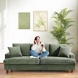 Domusensus 3 Sitzer Sofa Big, 221CM Cord Sofa Wohnzimmer Werkzeugfreie Montage, Schlafzimmer Sofas 53CM Extra Tiefe Sitze, Bequemes Couch mit 2 Kissen, Modernes Couch fürs Büro, Big Sofa Couch Grü