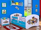 BDW Kinderbett Super Hunde Paw - Babybett mit Matratze und Schublade - Bequem und Langlebig Rausfallschutz Bett - Kinderzimmer - Blau (Motiv 3) - 140x70