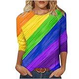 Masrin 3/4 arm Shirt Damen Regenbogen Farbverlauf Druck Tshirt Rundhals Tunika Dreiviertelärmel Pullover Y2K 3D Druck Pulli Tops Frühlings Sommer Basic Shirts Plus Size Tunika Bluse Streetwear S-5XL
