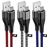 HUNYYN Micro-USB-Kabel 3 Stück, 3M Langes Android-Ladekabel, Nylon-geflochtenes Micro-USB-Ladekabel für PS4/PS4 Pro/PS4 Slim-Controller, Samsung Galaxy S6/S7, Kindle Fire, Xbox O