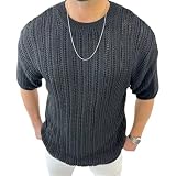 Strickwaren Herren Temperament Vintage Mode T-Shirt Casual Weich Atmungsaktiv Kurzarm Einzigartig Aushöhlen Design Gestrickter Tops J-Black XL