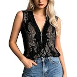 Munweiyu Netzoberteil Damen Boho Volant Top Half-Zip V-Ausschnitt Trägertop Elegant Transparent Oberteil Spitze Tunika Sheer Mesh Bluse Durchsichtig Langarmshirt Blusen Blumen Lace Clubw