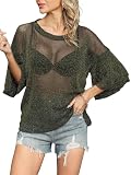 Missufe Damen Oberteile Sommer Basic Mesh Top Halbarm Rundhals T-Shirt (Gold, Mittel)