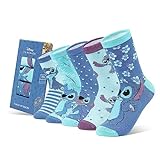 Disney Wadensocken Damen, Bunte Warme Socken Damen mit Motiv 5er-Pack - Stitch Winnie Pooh Baby Yoda, Freundin Geschenk (Blau Stitch)