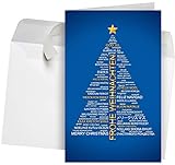 50 Premium Weihnachtskarten mit Umschlag Set für Firmen, hochwertige Klappkarten 12 x 19 cm groß, internationale Weihnachtsgrüße Wordcloud-Baum b