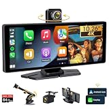 Vtopek Carplay Android Auto Display mit 4K Dashcam Wireless Apple Carplay Display mit 10,26-Zoll HD IPS Touchscreen Portable Carplay Driveplay mit Bluetooth Mirror Link Siri Rückfahrkamera 64G