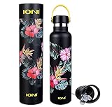 IONI Designer-Wasserflasche, schwarzer Hibiskus, 680 ml, niedliche Wasserflasche für Frauen, BPA-frei, Edelstahl, auslaufsicher, schlanke Wasserflasche – florale Wasserflasche für Shcool und Bü