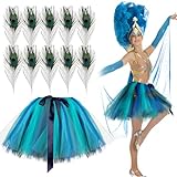 BOFUNX Damen Pfau Kostüm, Tüllrock Blau Grün Tutu Rock + 10 Stücke Pfauenfedern für Fasching Karneval Mottoparty Kostü