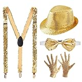 4 Set Glitzer Outfit Herren,Glitzer Kostüm Accessoires Herre,mit Pailletten Hosenträger, Fliege, krawatte,Handschuhe,Pailletten Kostüm für Fasching Party D
