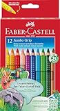 Faber-Castell 110912 - Jumbo Buntstifte Set Grip, 12-teilig, dreikant, bruchsicher, für Kinder und Erw