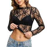 Cobee Spitzen Oberteile Damen, Durchsichtiges Mesh Oberteil Damen Spitzen Langarmshirt Spitze Elegant Bluse für Party Festival, Schwarz L
