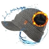TOP-EX 50% Merinowolle Wintermütze Herren Damen Schirmmütze, wasserdichte Beanie Mütze mit Schirm, warm gefütterte Strickmütze für Running und Outdoor-Sportarten, Winddicht Grau L/XL