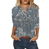 3/4 Arm Shirt Damen Bluse Elegant V Ausschnitt Knopfleiste mit Blumen Drucken Große Größen Blusenshirt Langarmshirt Lockere Lässiges Blusen & Tuniken für Frauen Party Oberteil Tunika Top Hemden T