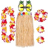 6er Hawaii Hula Set – Hawaii Kostüm Damen mit Bastrock, Hawaii Kette Blumen und Ananas Brille – Wähle aus Natur- oder Buntem Rock – Hawaii Outfit D