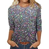 Pailletten Oberteil Damen Lang Shirt Glitzer Elegant Longshirt Silvester Aesthetic Bluse 3/4 arm Festliche Top Rundhals Langarm Sweatshirt Rave Party Paillettenoberteil Karneval Kostü