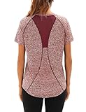 Wayleb Damen Sport Fitness T-Shirt Kurzarm V Ausschnitt Sommer Tshirt Oberteil Frauen Laufshirt Trainingsshirt Leicht Atmungsaktiv Shortsleeve Gym Fitness Yoga Top, Weinrot S