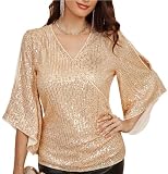 Damen Langarm Pailletten Tops Rundhals Lange Ärmel Loose Fit Casual Zur Hochzeit Glitzer Tshirt Sekt Pailletten L 2151