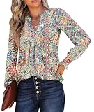 Rapbin Oberteil Damen V-Ausschnitt T-Shirts ElegantLocker Bügelfrei Weich Longshirt Fallend(Ethnischer Druck,XXL)