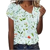 Masrin Tunika Damen Elegante Blumenmuster Tshirt Asymmetrischem Ausschnitt Oberteile Blütenblatt ärmeln Bluse Sommer Kurzarm Tops T-Shirt Farbverlauf Druck Pullover Locker T Shirts für F
