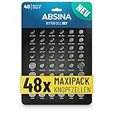 ABSINA 48er Pack Alkaline & Lithium Knopfzellen - 4X AG1 / 4X AG3 / 8X AG4 / 8X AG10 / 8X AG13 / 4X CR2016 / 4X CR2025 / 8X CR2032-1,5V & 3V Knopfzelle Sortiment auslaufsicher - Knopfb