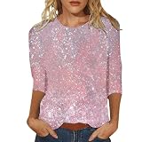 Glitzer Oberteile Damen,Oberteil Damen mit Pailletten Druck 3/4 arm Shirt Glitzer Elegant Longshirt Silvester Aesthetic Bluse Festliche Top Rundhals Langarm Sweatshirt(Rosa,L)