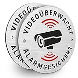HAGEFOL® Schild, Videoüberwachung und Alarmgesichert, 2er Set, rund (10 cm - klein), aus Alu-Dibond, inkl. 2 Bohrlöcher, für Überwachungskamera, Kameraüberwachung, Alarmanlage Haus, Kamera Atrapp