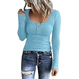 Damen-Langarmhemden Lässig Oberteil U-Ausschnitt Button-Down-Blusen Basic-T-Shirts aus Rippstrick