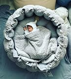 LOOLAY Babynest 3in1 XXL – Nestchen Baby Spielmatte und Reisebett 90/155cm - Handgemacht aus Baumwolle mit Rüschen - Ideal fur Zwillinge (Mini Pünktchen/Minky Grau)