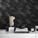 HueBurst Schwarze, strukturierte Badezimmertapete, 3D-Vlies-Tapete, sechseckig, traditionelle Tapete für strukturierte Wände im Badezimmer, antihaftbeschichtet, 43,9 x 599,4 cm (6 m, Schwarz)