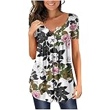 weiße Bluse Damen weißes t-Shirt Damen locker t-Shirt Damen mit Aufdruck Blumendruck Tiefer V-Ausschnitt Patchwork Falten Tunika Shirt T-Shirt mit Knöpfen Locker Kurzarm Oberteil t-Shirt D