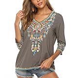 Vakakado Hippie Kleidung Damen Bohemian Folklore Stickerei Bluse 3/4 äRmel V Ausschnitt Tunika Sommer LäSsige Oberteil(054,Grau,3XL)