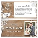 40 x Hochzeit Dankeskarten Danksagungskarten individuell mit Ihrem Text und Foto DIN Lang 99 x 210 mm - Rustikal mit weißer Sp