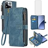 Asuwish Handyhülle für Xiaomi 15 Pro Hülle mit Folie Schutzfolie Kartenfach Klappbar Leder Geldbörse Ständer Mi 15Pro 5G Handy Hüllen Schutzhülle Reißverschluss Handyhüllen Schutzglas Phone Case B
