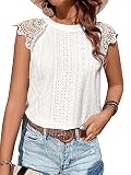 GORGLITTER Bluse Damen Elegant Sommer Bluse Mit Spitze Bluse Mit Schleife Öse Stickerei Bluse Spitzenbluse Top Weiß L
