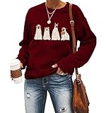 MYCHTE Halloween Ghost Dog Sweatshirt Frauen Hundeliebhaber T-Shirt Geschenk Casual Langarm Pullover Tops Herbst Urlaub Shirt, Weinrot, L