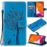 Qiaogle Handyhülle für Huawei P8 Lite 2017/Honor 8 Lite/P9 Lite 2017 - [KT01] Blau Embossing Bäume und Katzen Lederhülle Magnetisches Design Schutzhülle Klapphülle mit S