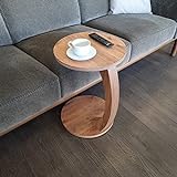 sugodesign Couchtisch mit Rollen, Kleiner Beistelltisch C Form, stylischer Sofatisch in schöner Nussbaum Holz Optik, runder Tisch als Ablagefläche für Couch und S