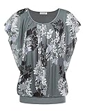BAISHENGGT Damen Falten Kurzarm Tunika Batwing Rundkragen Bluse Grau-blätter Larg