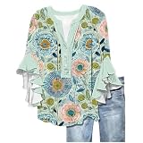 3/4-Ärmel, Blusen für Damen, fließende Oberteile, ausgestellte Ärmel, lässig, übergroße Tunika, Tops, Vintage-Blumendruck, Blusen, V-Ausschnitt, locker, elegante Hemden, Urlaub, Urlaub, 02 Mehrfarbig
