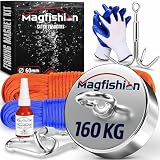 MAGFISHION Magnetfischen Set - 160 KG - Ø60mm - Neodym Magnet mit 2 Seilen, Greifhaken, Handschuhe - Magnet Fischen Angel - Ösenmagnet - Fishing Magnetangel - Magnetangeln S