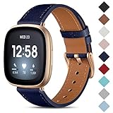 CeMiKa Leder Armband Kompatibel mit Fitbit Sense/Fitbit Versa 3 Armband, Original Lederband Ersatzband mit Edelstahl-Verschluss Kompatibel mit Fitbit Versa 3 Armband, Blau/Roség