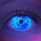 Farbige UV Kontaktlinsen 1 Paar Blaue Ice Blue Schwarzlicht Glow Neon Farblinsen. Jahreslinsen Topqualität zu Halloween, Fasching, Fastnacht, Karneval inkl. Kontaktlinsenbehälter - Ohne Stärk